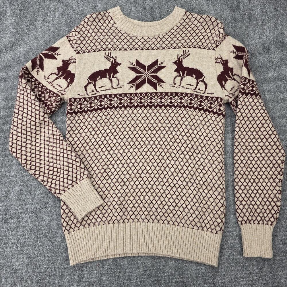 Aspen Sweater Men Small Beige Fair Isle Reindeer Wool Cotton Blend Knit Pullover